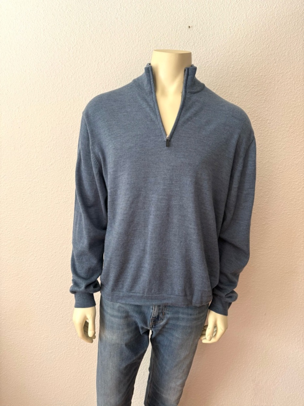 Pronto Uomo 1/4 Zip Pullover Sweater - Blue 100% Extra Fine Merino Wool  Mens XL